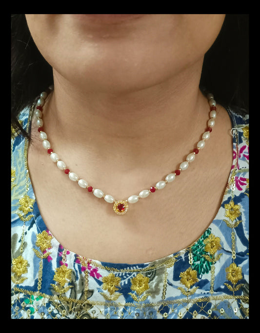 White & Crystal Maroon Golden AD Necklace
