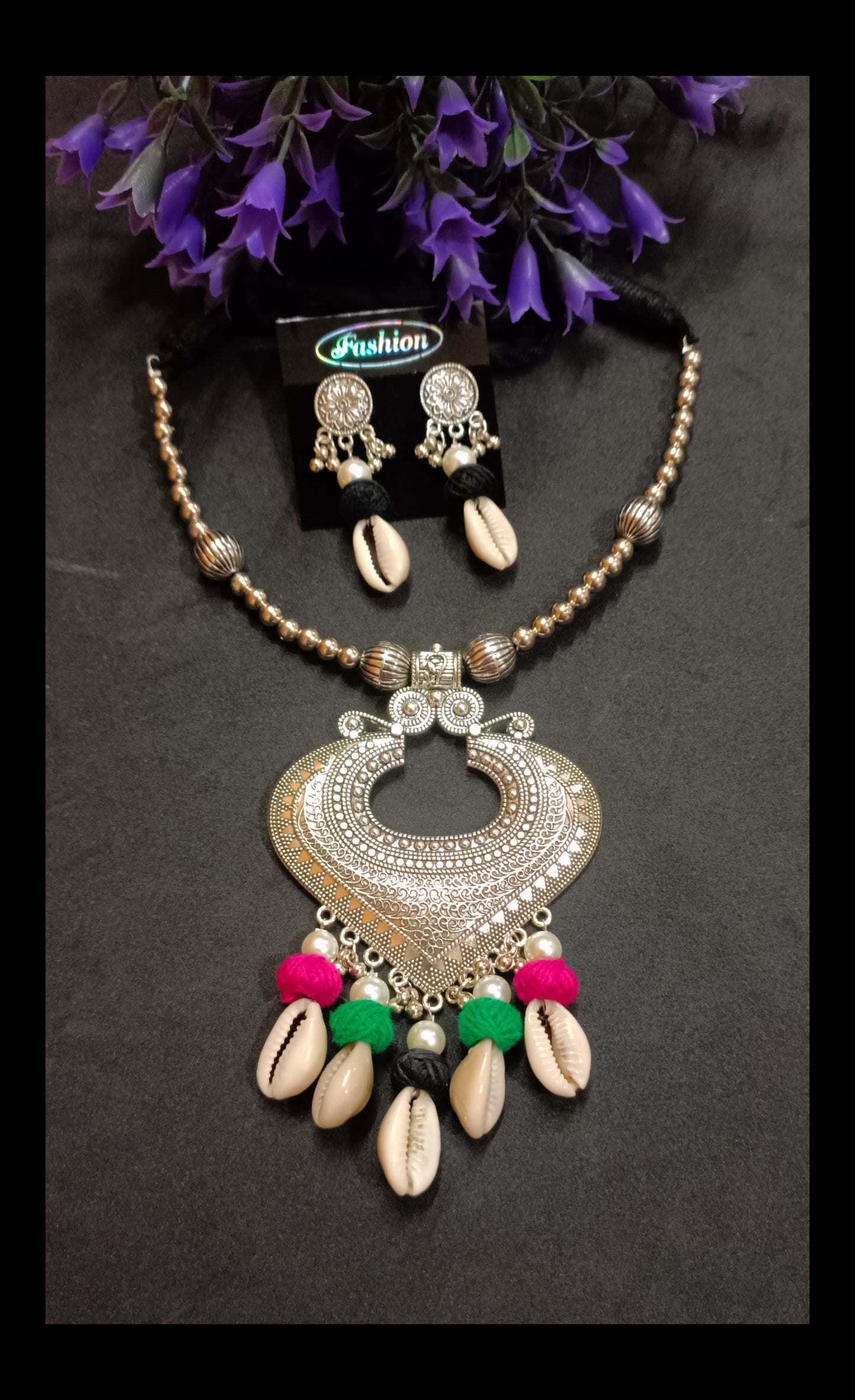 Oxidised Colorful Adjustable Shell Cotton Thread Necklace Set