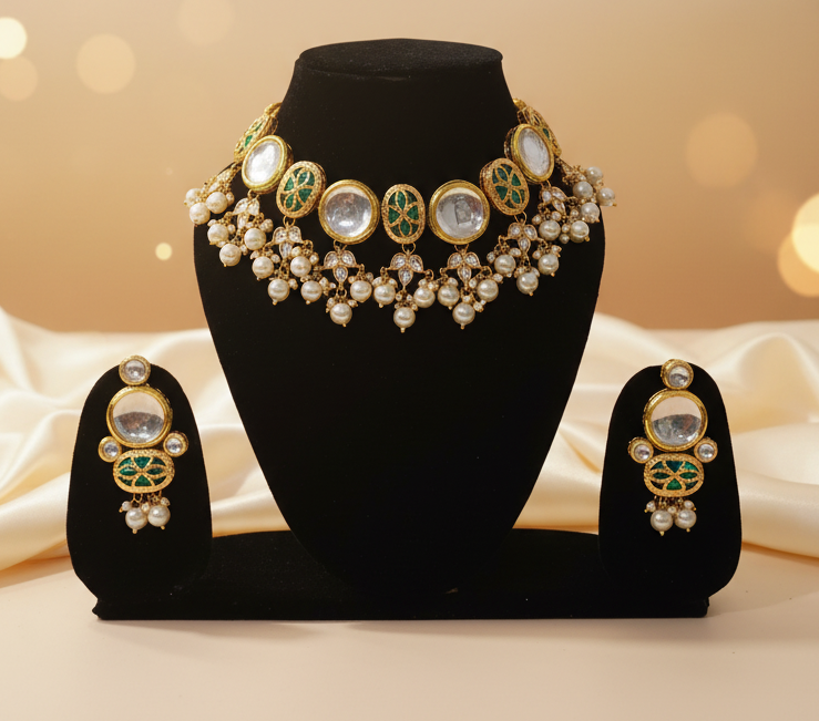 Gold-Plated Semi-Braidal Kundan Necklace Set