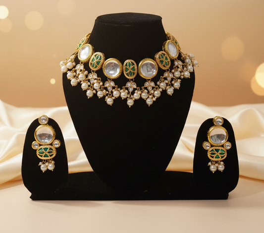 Gold-Plated Semi-Braidal Kundan Necklace Set