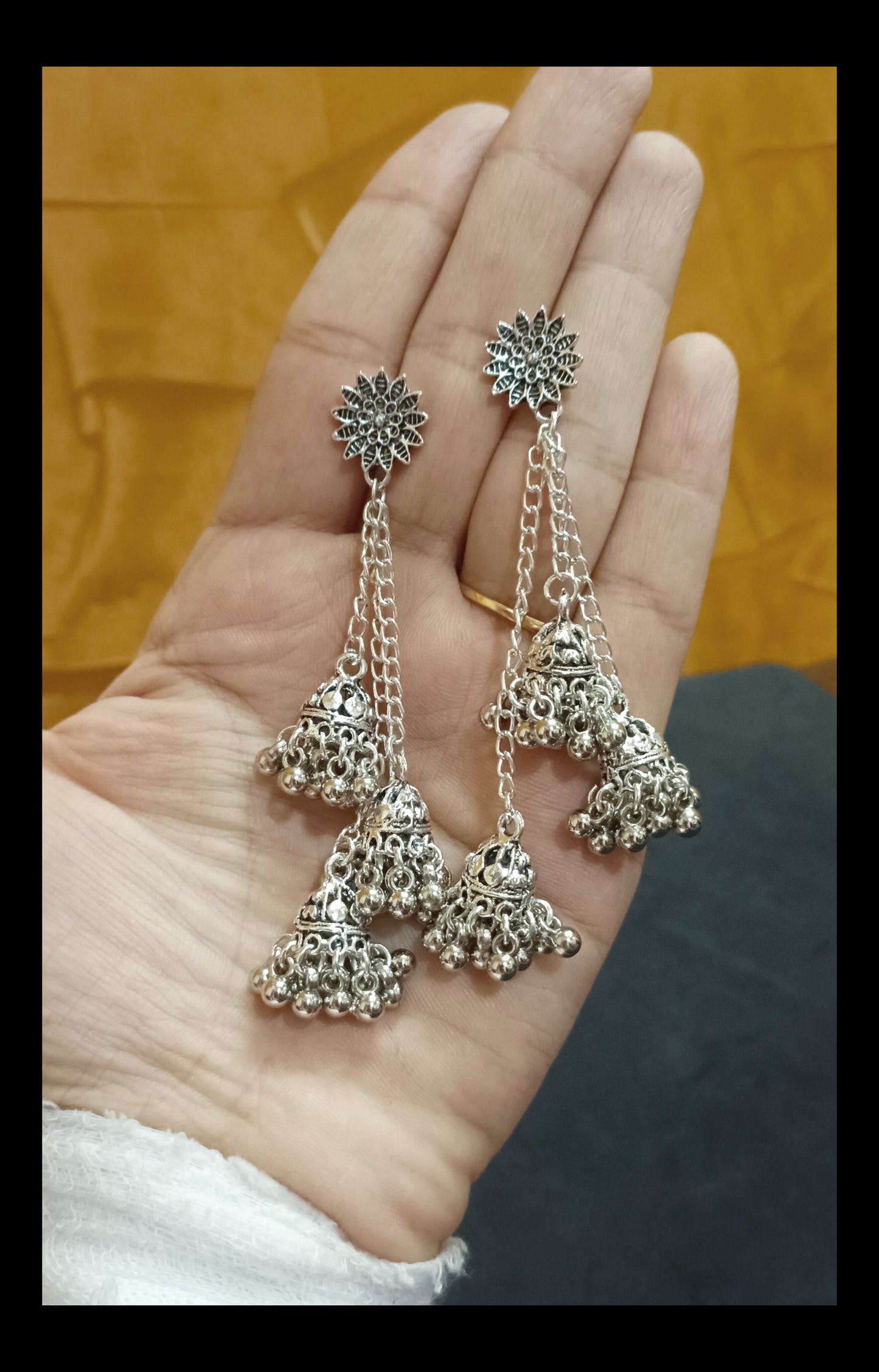 Oxidised Silver Plated Chain Jhumkas