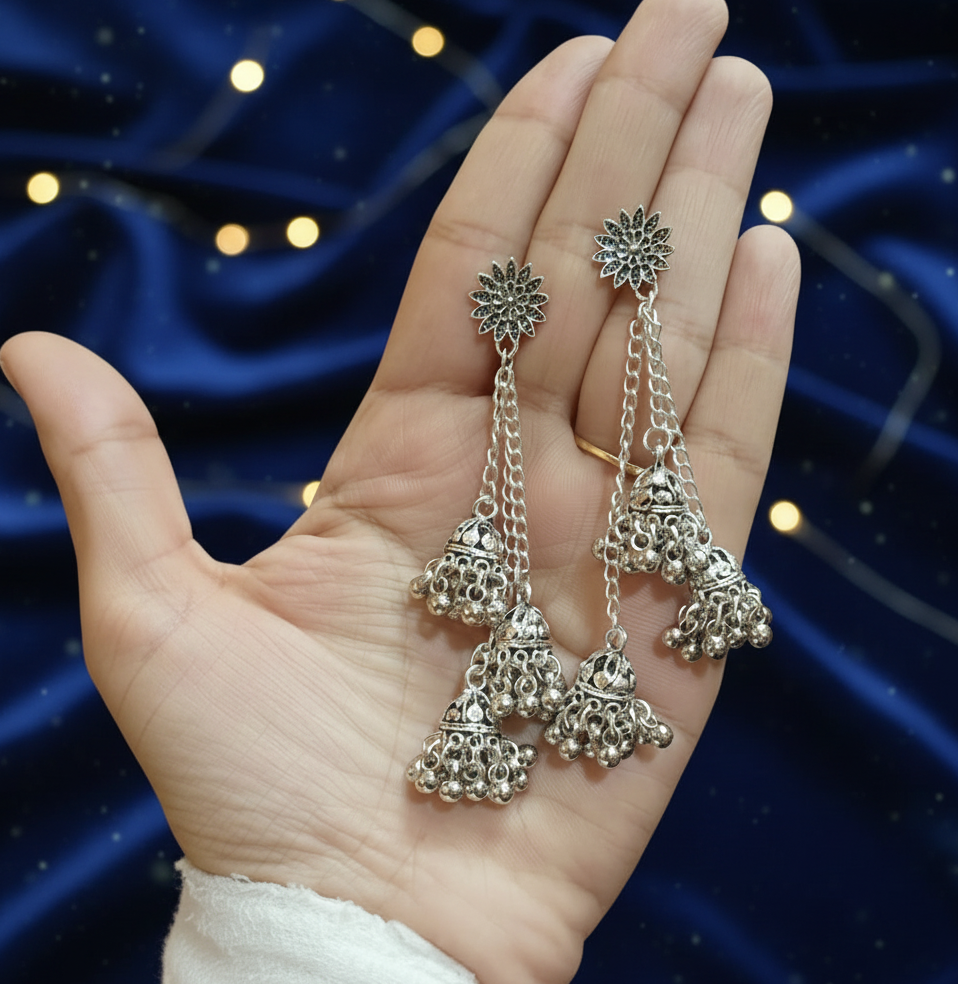 Oxidised Silver Plated Chain Jhumkas