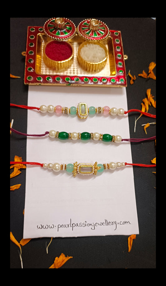 Multicolored Combo of 3 Kundan Pendant Rakhi