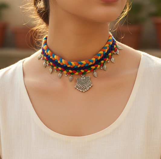 Adjustable Multi-Color Cotton Thread Oxidised Neckpiece