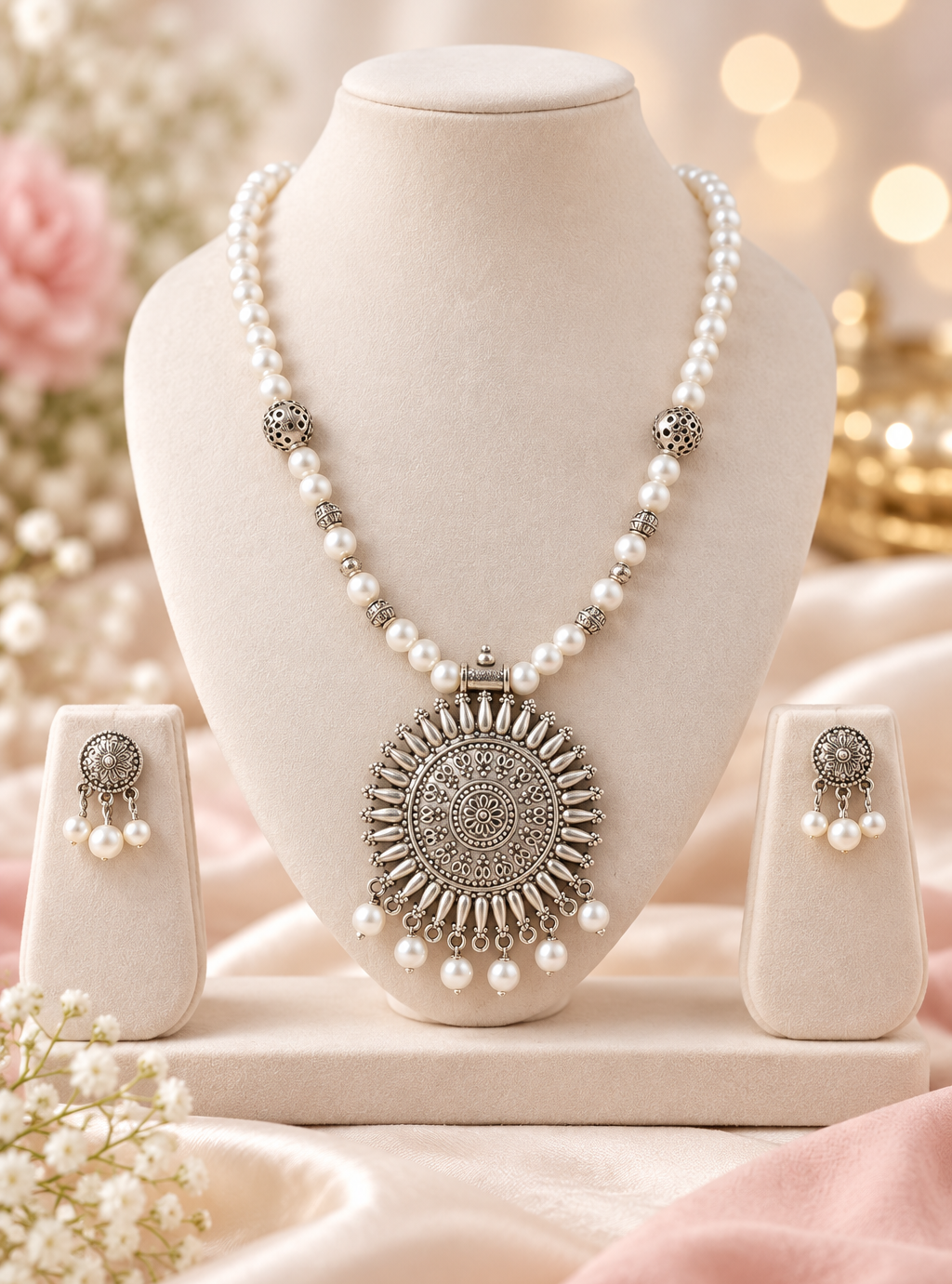 Oxidised White Pearl Necklace Set