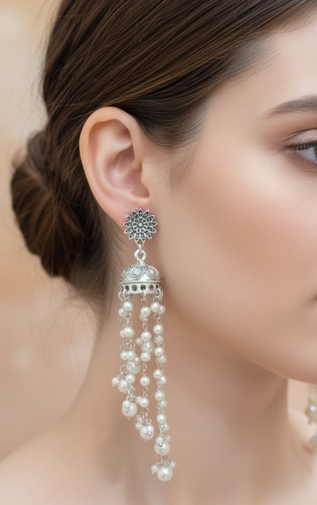 Oxidised Silver plated Ganthan chain Jhumkas