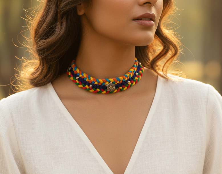 Adjustable Multi-Color Cotton Thread Oxidised Necklace