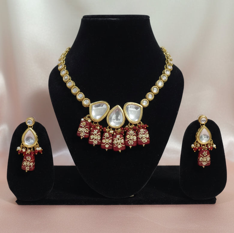 Maroon Meenakari Kundan Necklace with Earrings