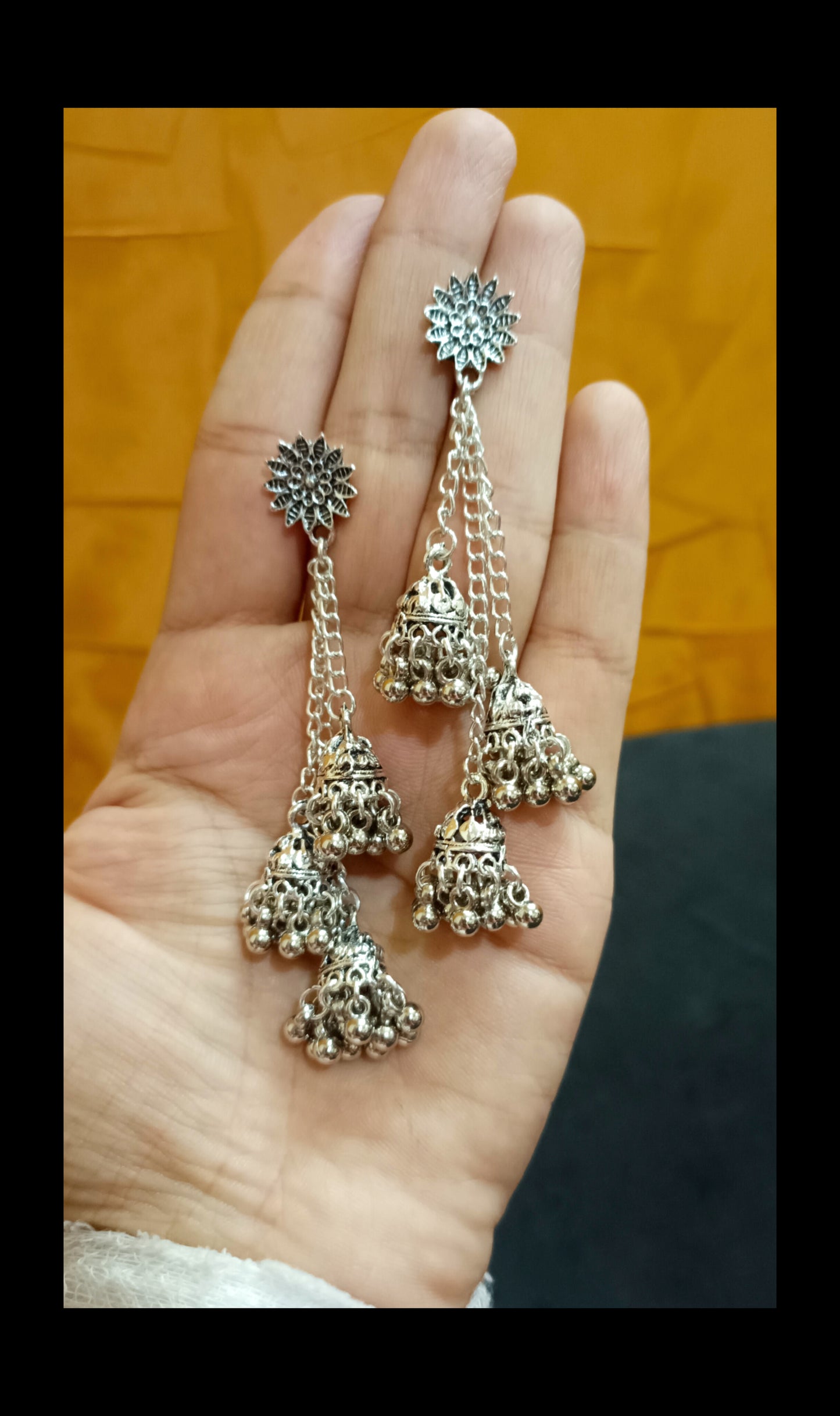 Oxidised Silver Plated Chain Jhumkas