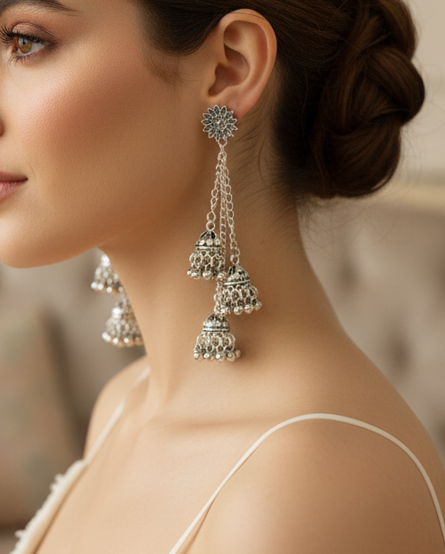 Oxidised Silver Plated Chain Jhumkas