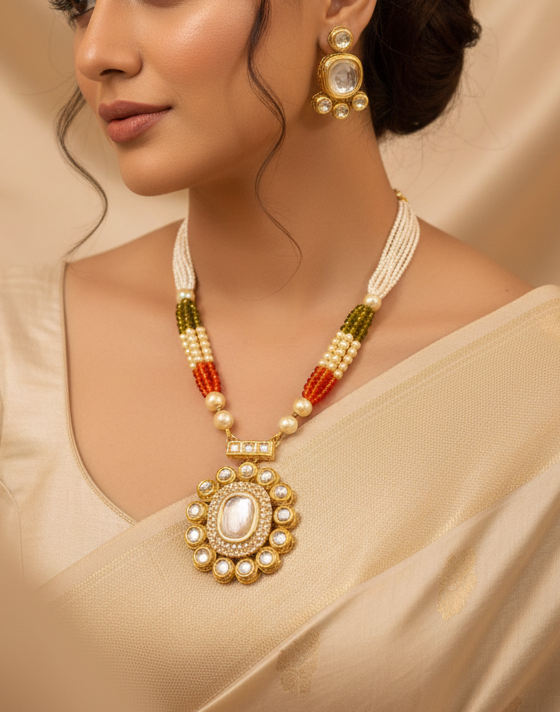 Gold-Plated Kundan Pendant Necklace Set