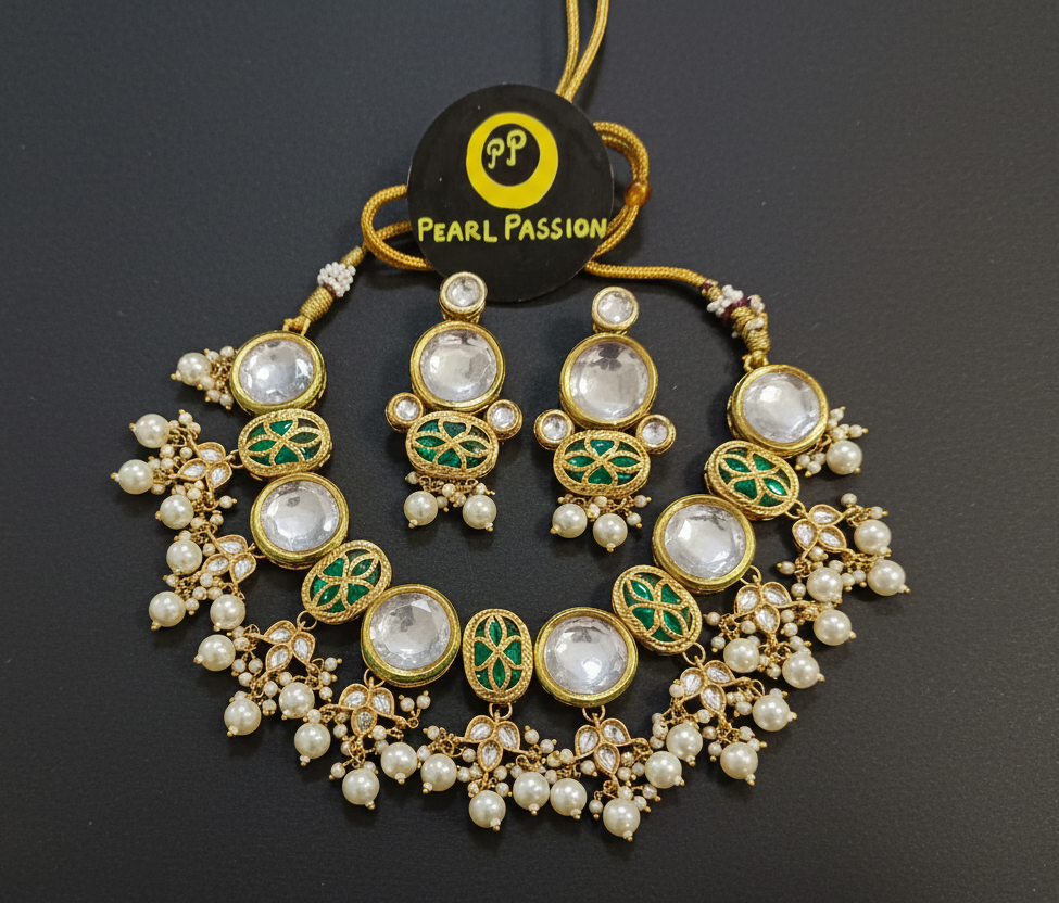 Gold-Plated Semi-Braidal Kundan Necklace Set