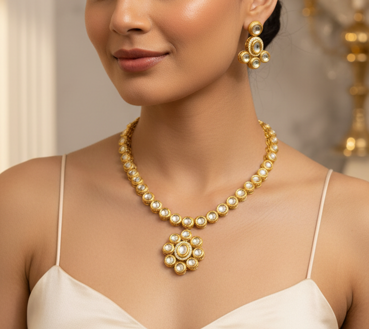 Single Line Meenakari Kundan Pendant Set