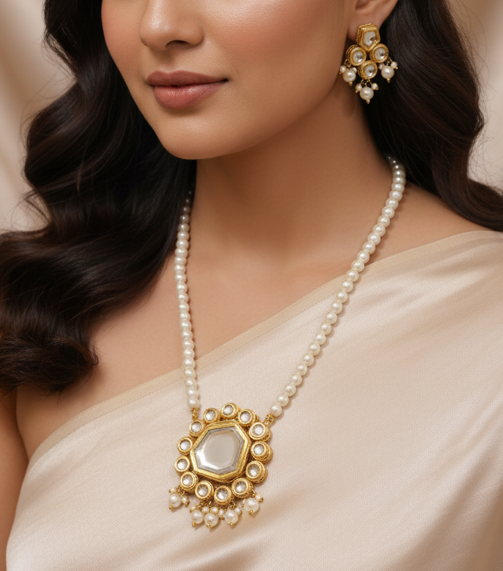 Pearl Kundan Pendant Necklace Set