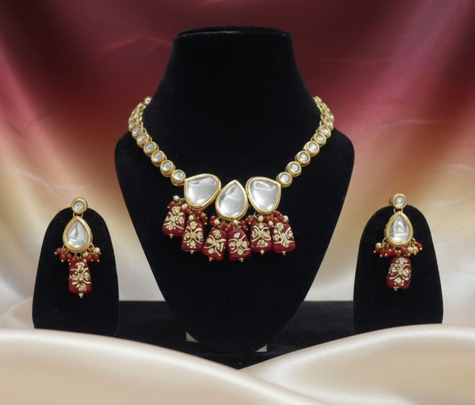 Maroon Meenakari Kundan Necklace with Earrings