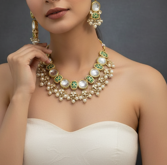 Gold-Plated Semi-Braidal Kundan Necklace Set