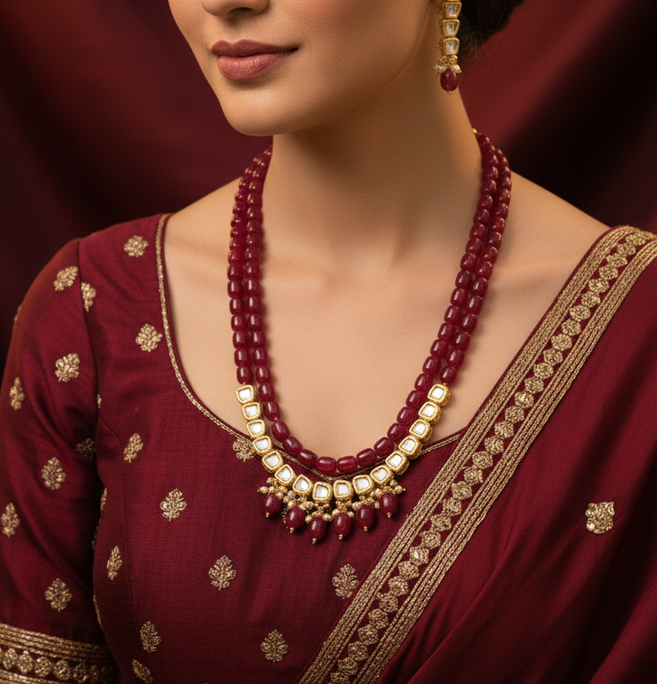 Gold-Plated Maroon Rani-Haar Necklace Set