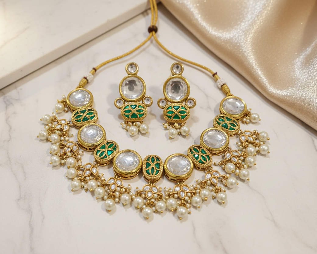 Gold-Plated Semi-Braidal Kundan Necklace Set