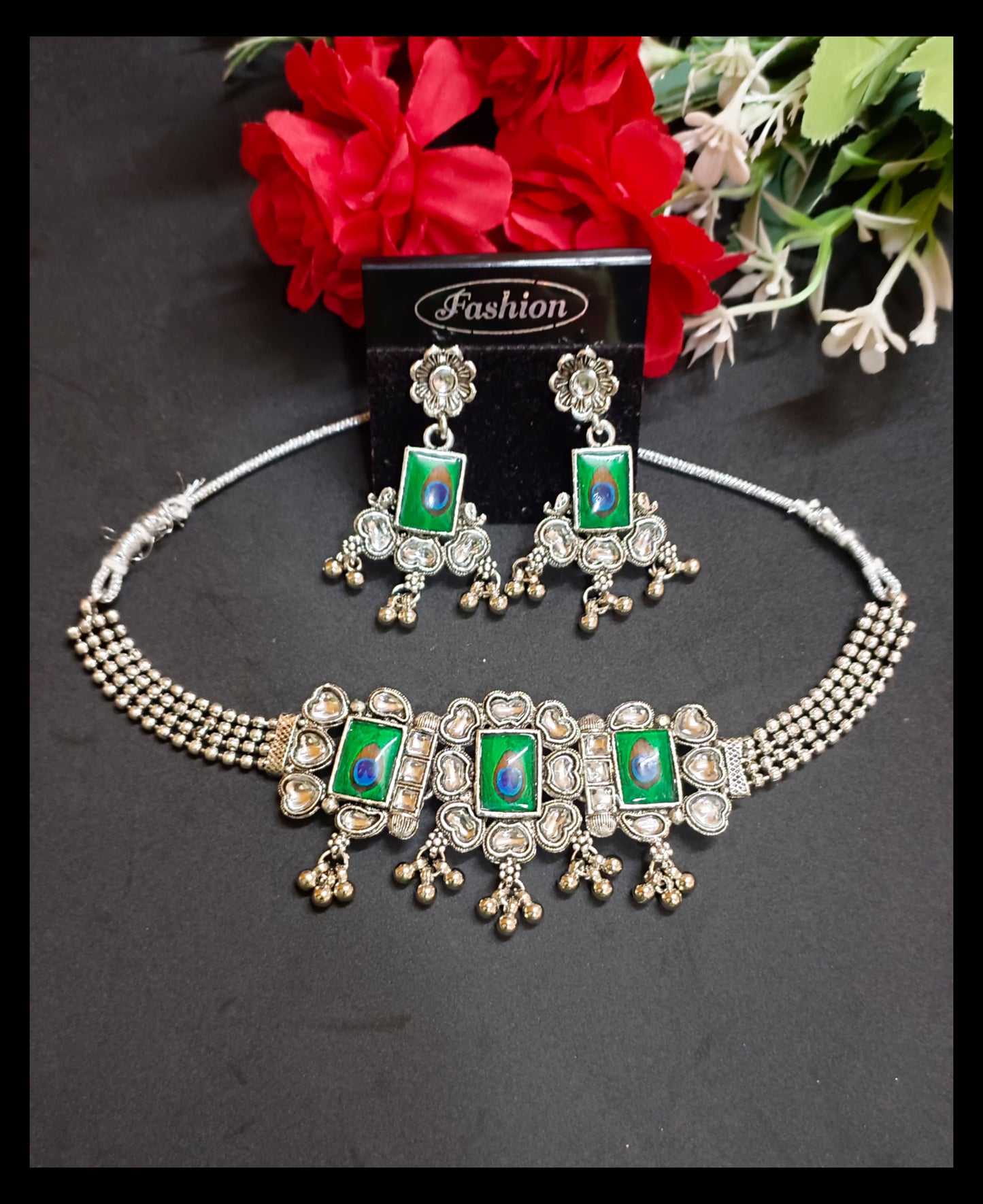 Oxidised Jewellery Choker Set with Earrings (peacock pattern)