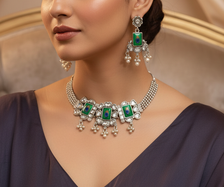 Oxidised Jewellery Choker Set with Earrings (peacock pattern)