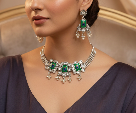 Oxidised Jewellery Choker Set with Earrings (peacock pattern)