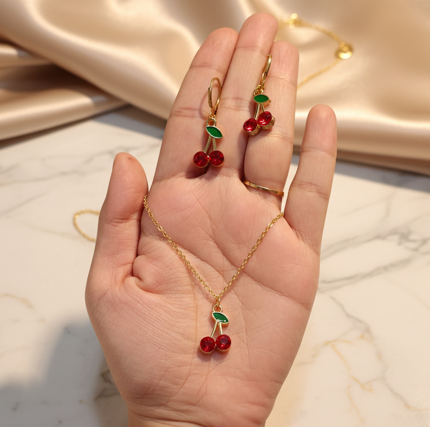 Anti-tarnish Gold-Plated Cherry Pendant Necklace Set