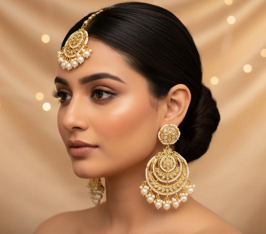 Set of Meenakari Kundan Chaandbali Earrings & Maangtikka