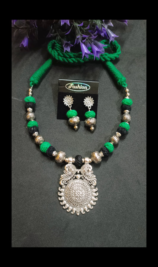 Oxidised Adjustable Black & Green Thread Necklace Set