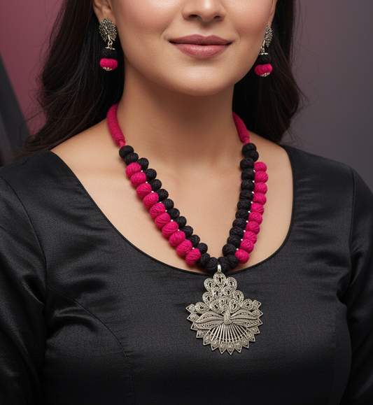 Oxidised Silver Plated Cotton Beads Adjustable Cotton Thread Necklace Set