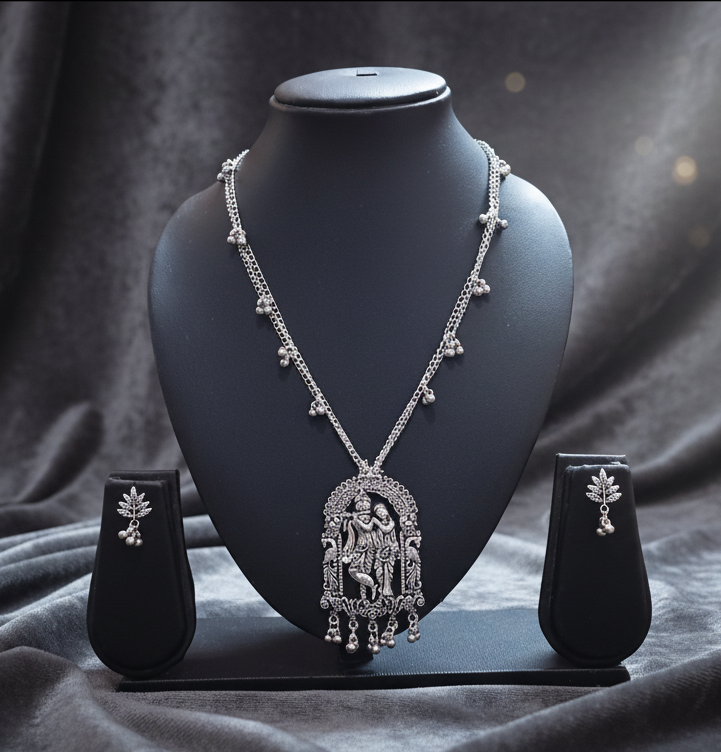 Oxidised Silver Chain Radha-Krishna Pendant Necklace