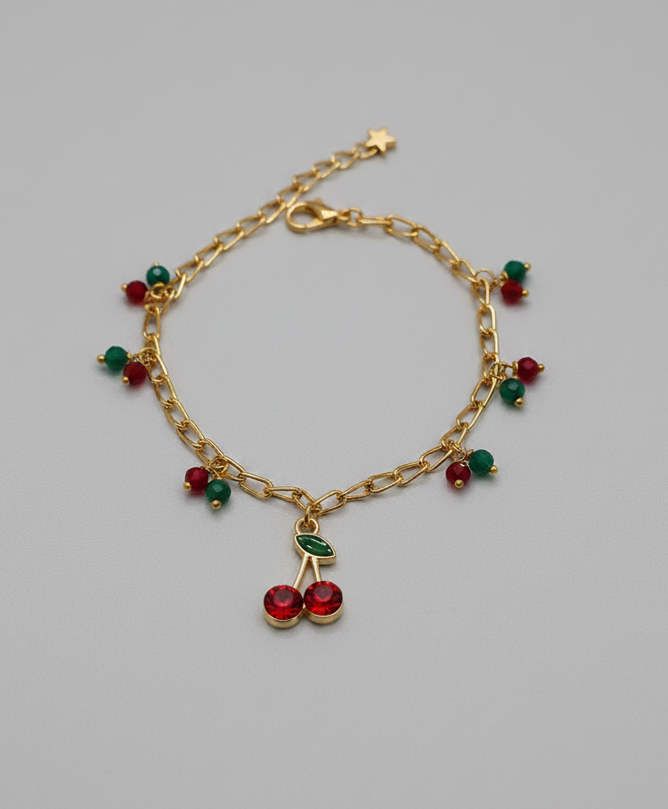 Gold-Plated Cherry Charm Crystal Beads Bracelet