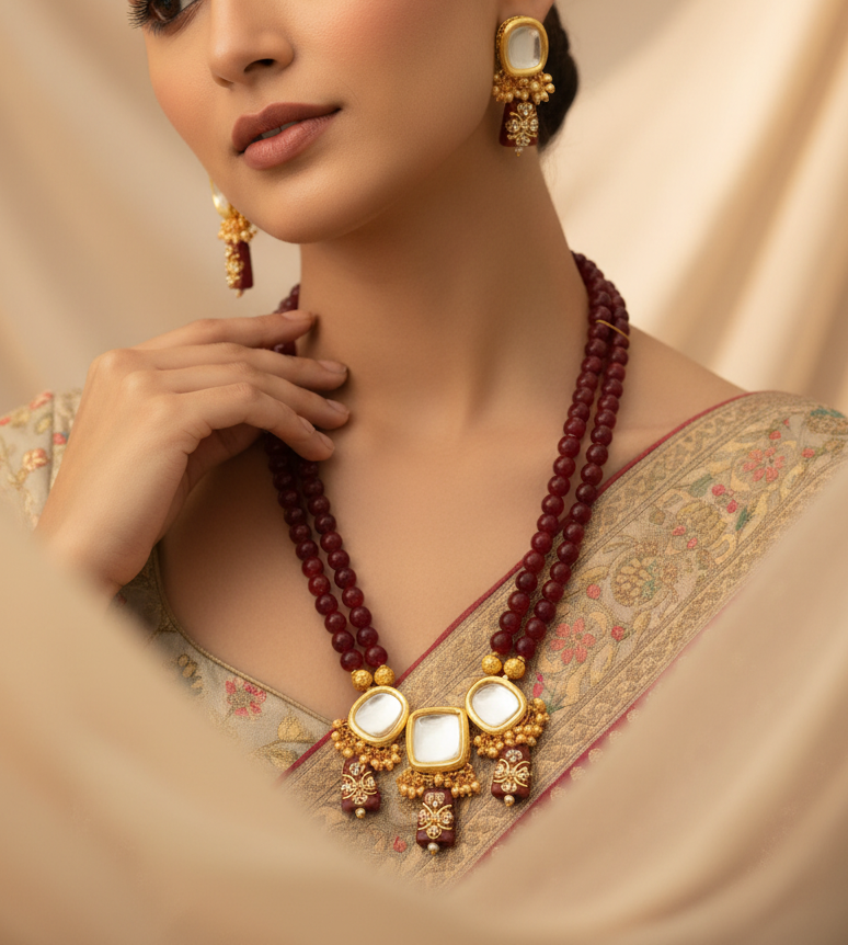 Gold-Plated Maroon Beads Kundan Necklace Set
