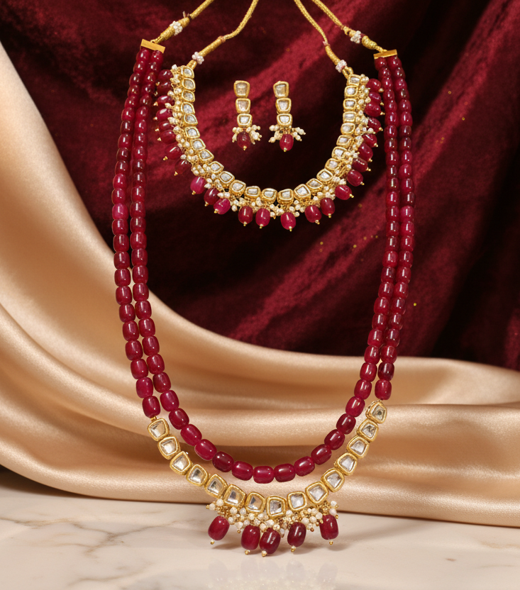 Semi-Braidal Gold Plated Choker with Rani Haar Necklace Set