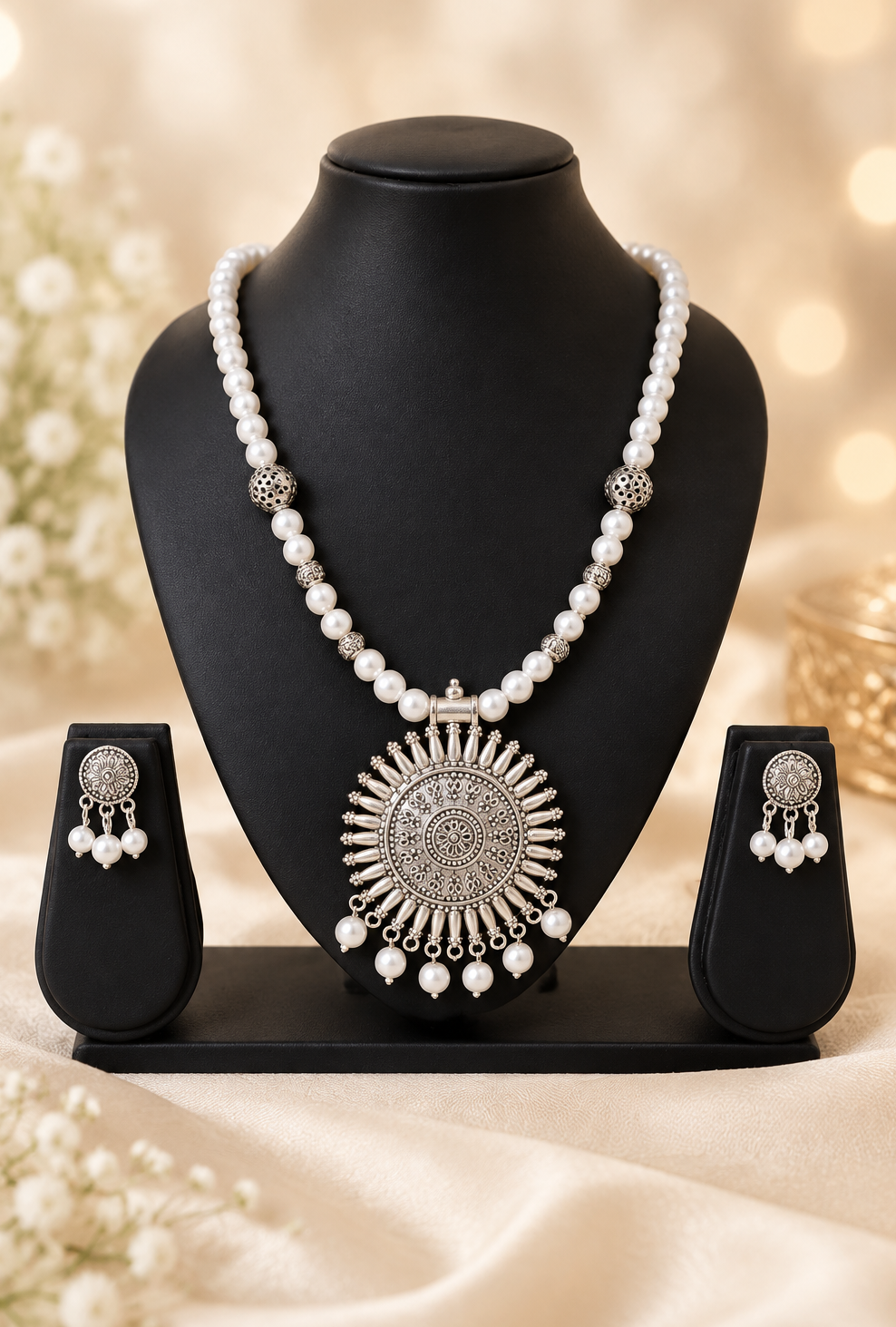 Oxidised White Pearl Necklace Set