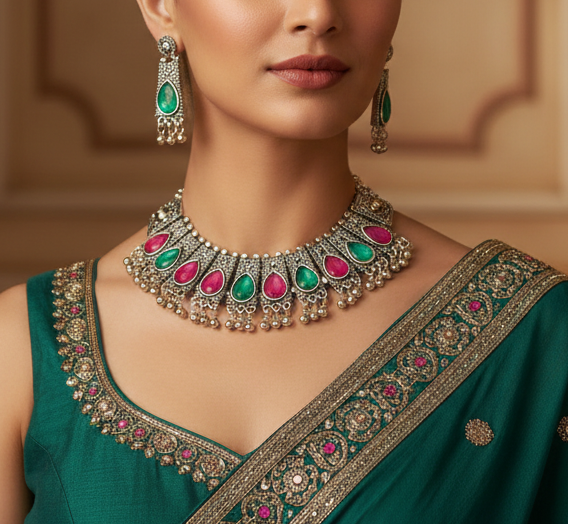 Oxidised Jewellery Choker Set with Earrings