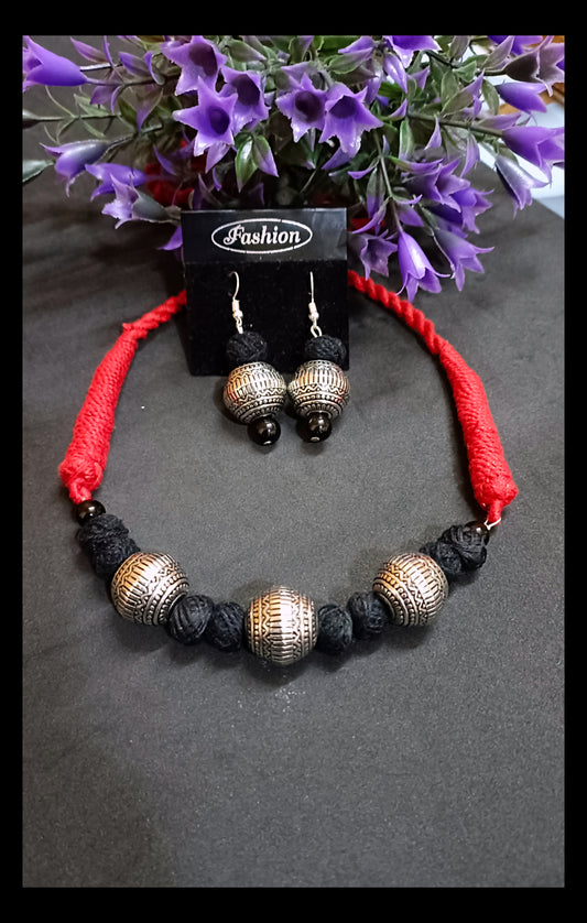 Oxidised Silver Plated Adjustable Cotton Thread Necklace Set