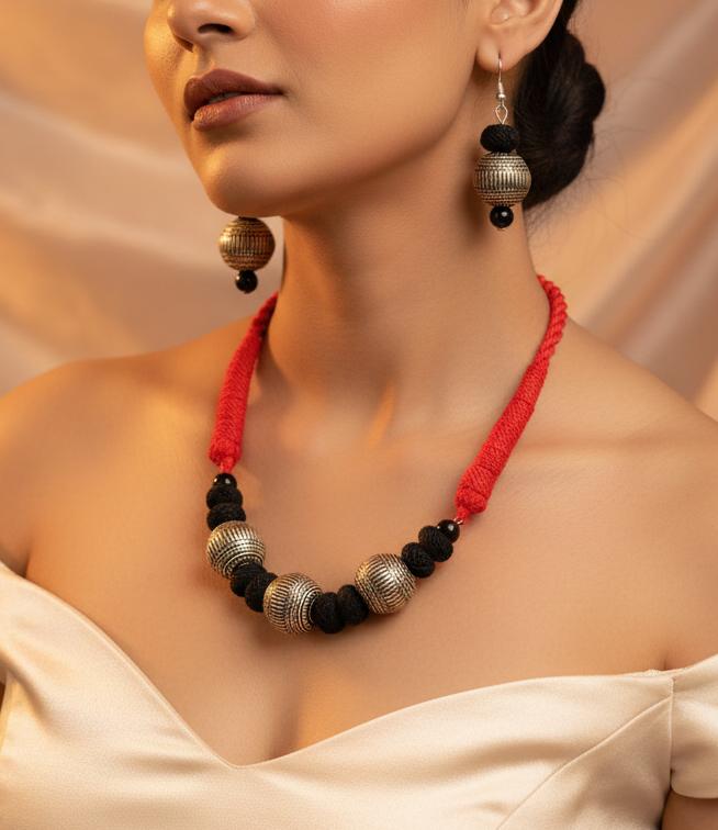 Oxidised Silver Plated Adjustable Cotton Thread Necklace Set