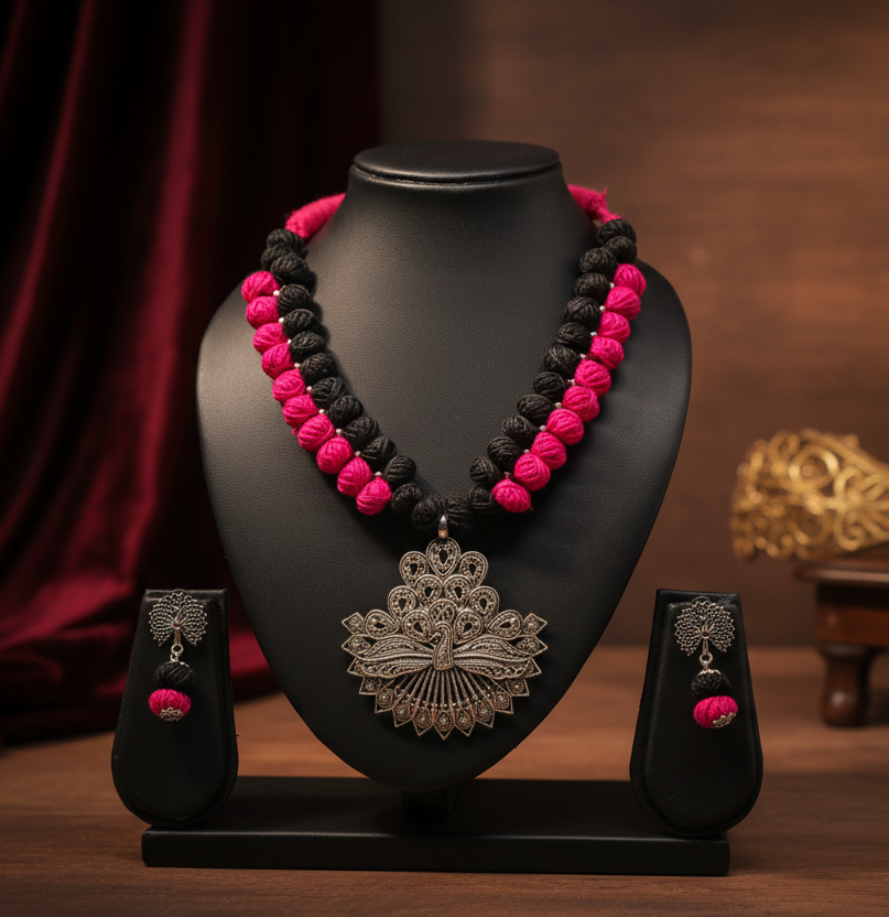 Oxidised Silver Plated Cotton Beads Adjustable Cotton Thread Necklace Set