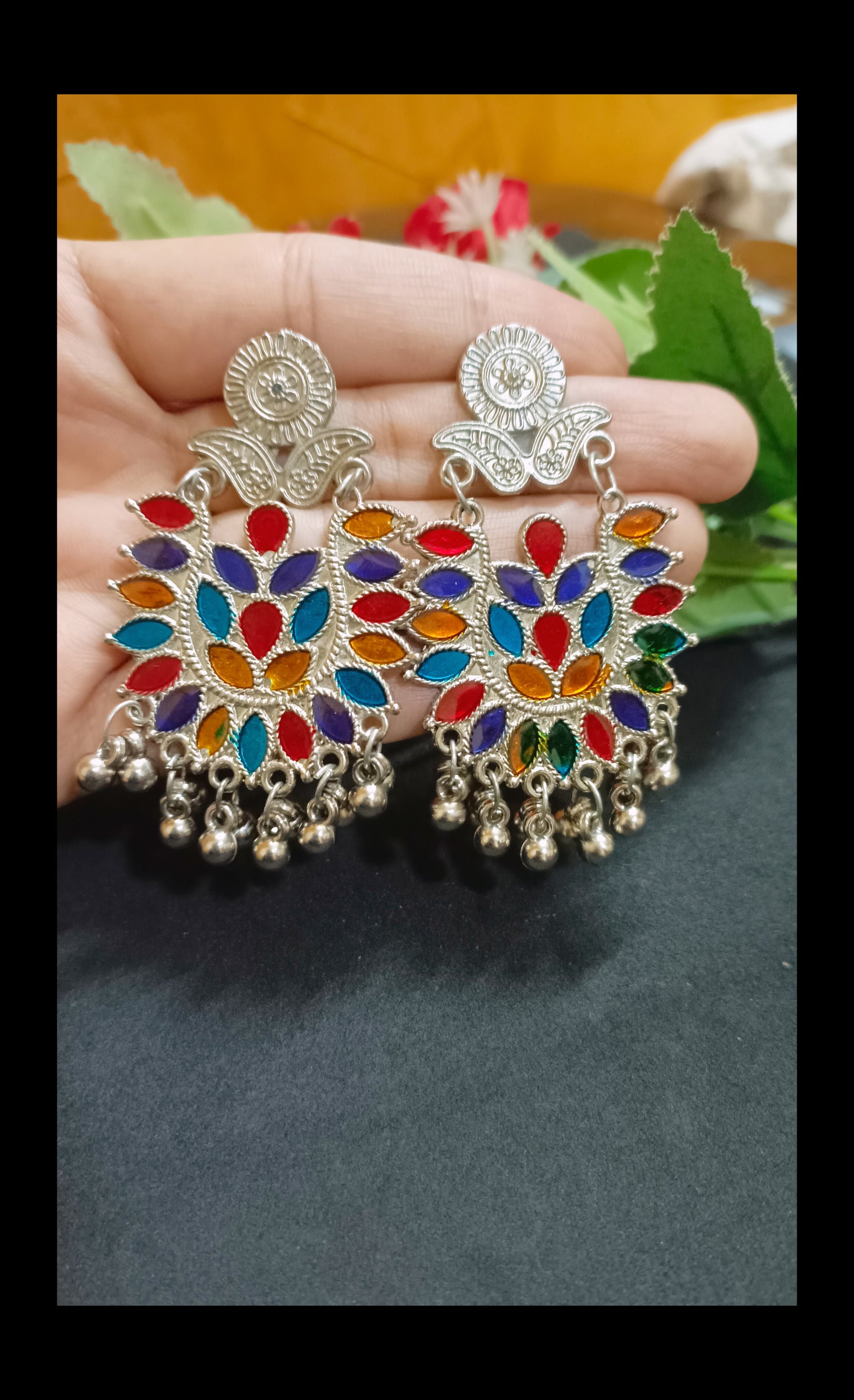 Oxidised Colorful Silver Plated Light Earrings