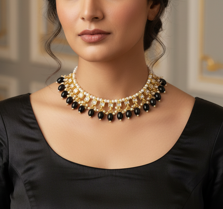 Fancy Kundan & Black Beads Choker