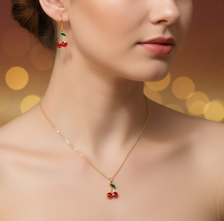 Anti-tarnish Gold-Plated Cherry Pendant Necklace Set