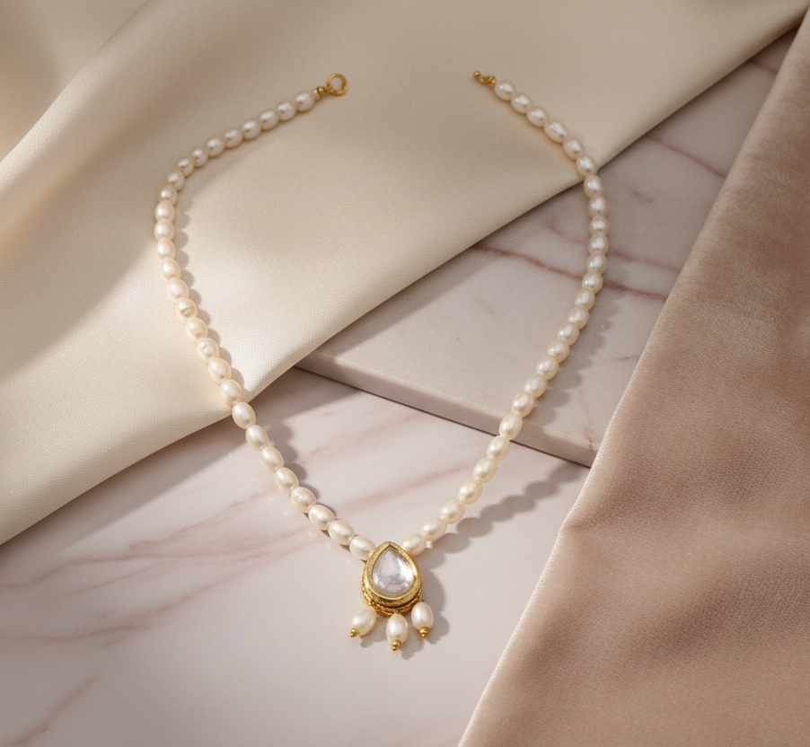 Kundan Pendant with Off-White Pearl Necklace