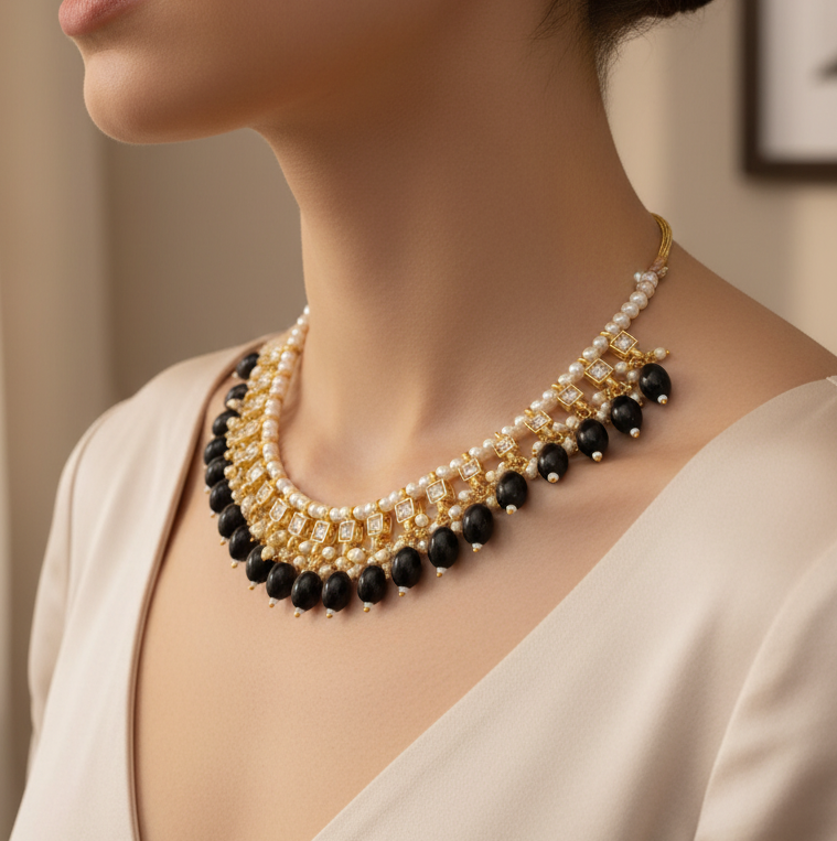 Fancy Kundan & Black Beads Choker