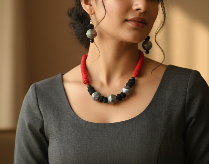 Oxidised Silver Plated Adjustable Cotton Thread Necklace Set