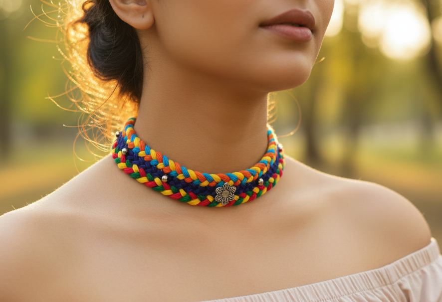 Adjustable Multi-Color Cotton Thread Oxidised Necklace