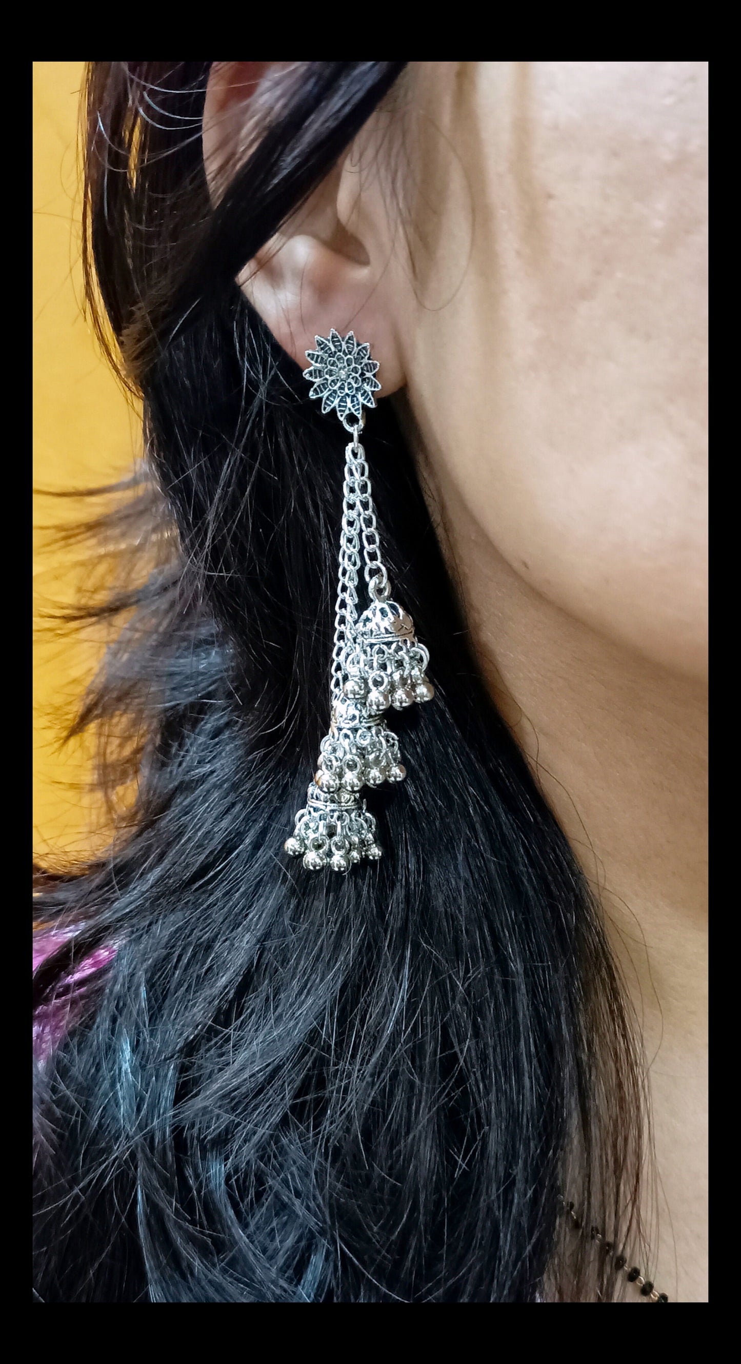Oxidised Silver Plated Chain Jhumkas