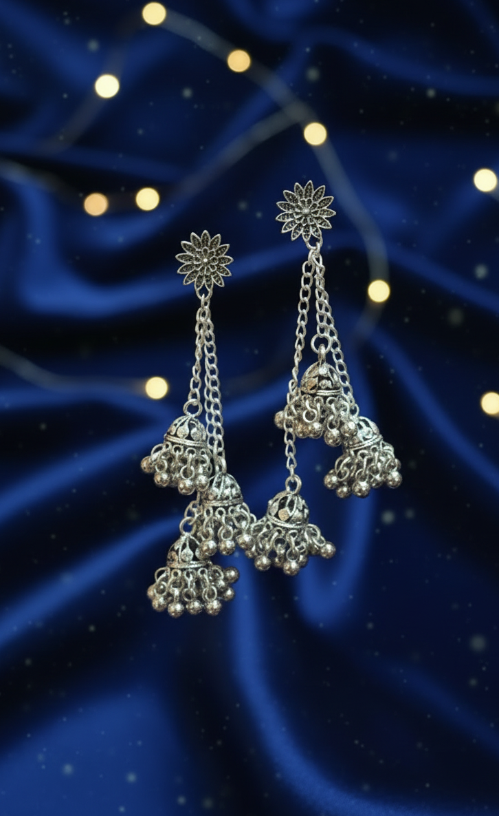 Oxidised Silver Plated Chain Jhumkas