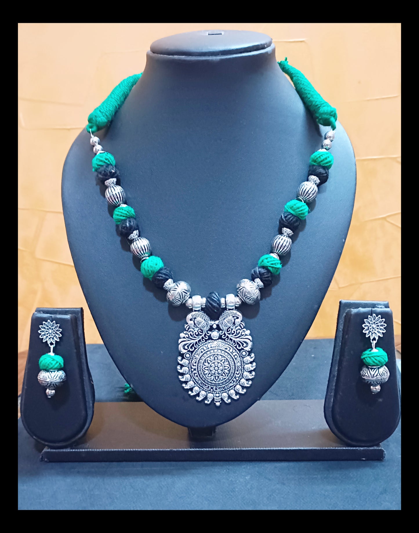 Oxidised Adjustable Black & Green Thread Necklace Set