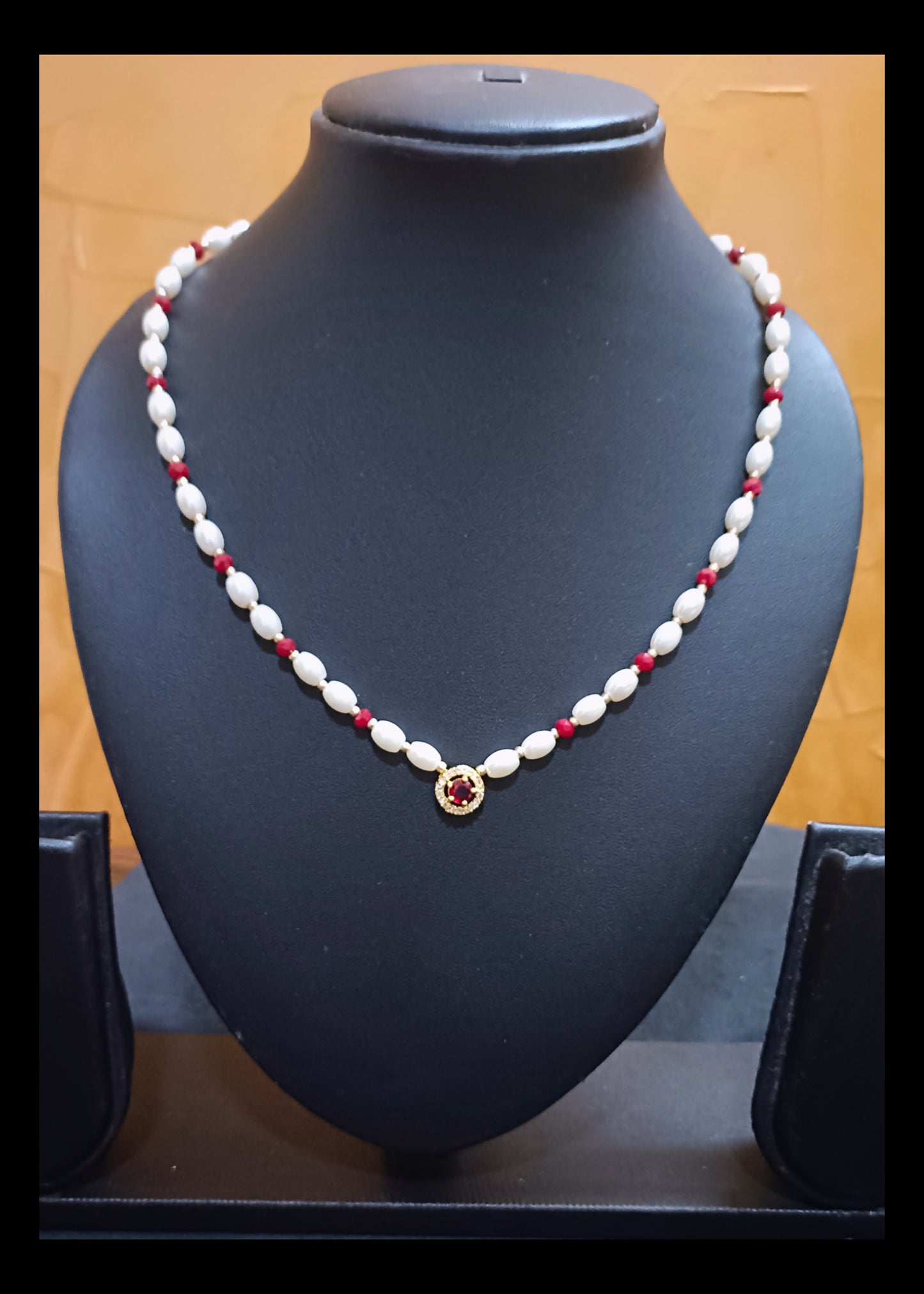White & Crystal Maroon Golden AD Necklace