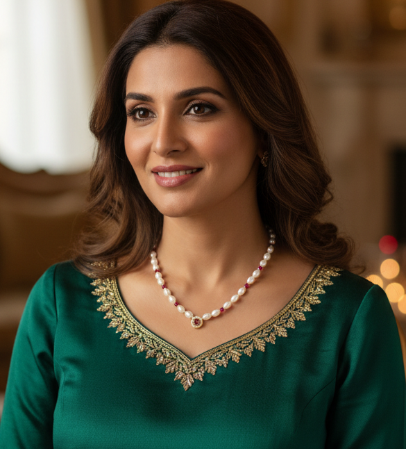 White & Crystal Maroon Golden AD Necklace